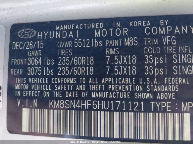 KM8SN4HF6HU171121 Hyundai Santa Fe Se