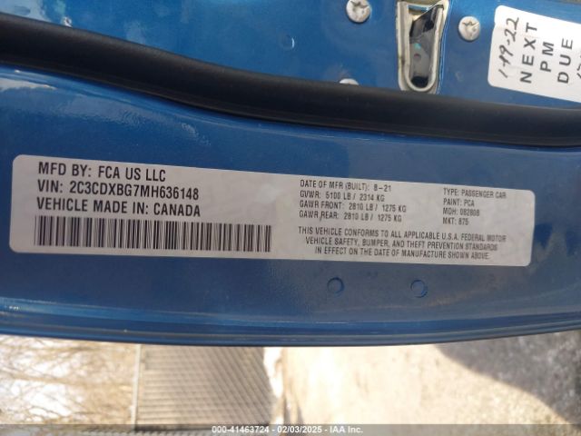 2C3CDXBG7MH636148 Dodge Charger Sxt Rwd