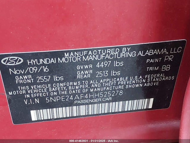 5NPE24AF4HH525278 Hyundai SONATA SE