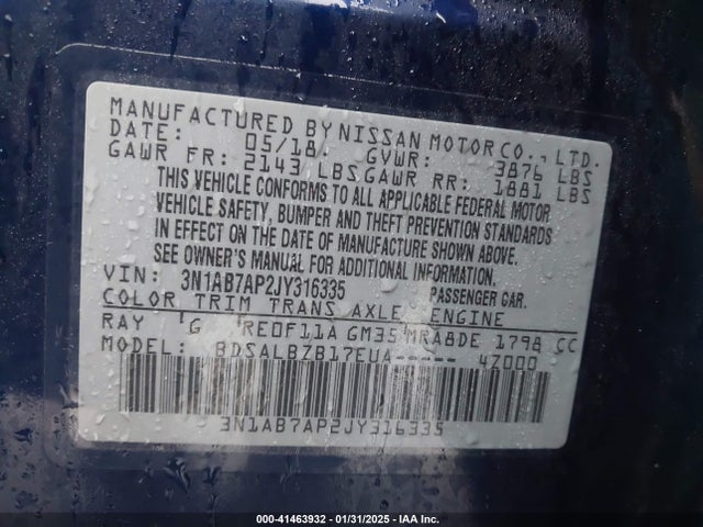 3N1AB7AP2JY316335 Nissan SENTRA S
