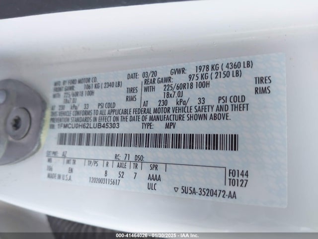 1FMCU0H62LUB45303 Ford ESCAPE SEL