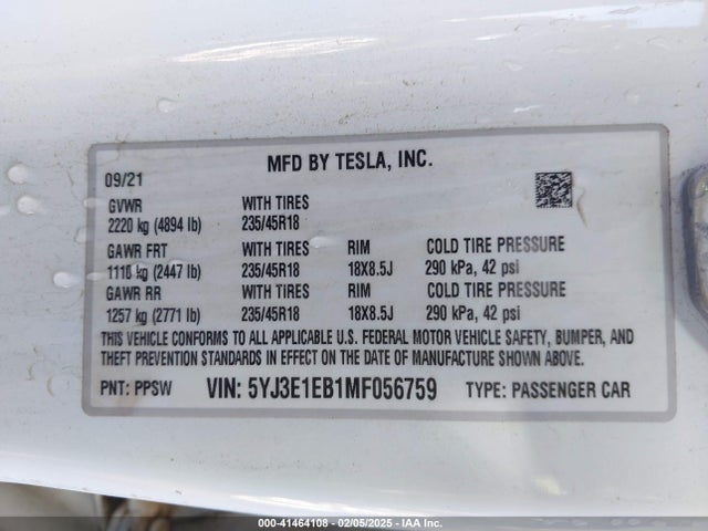 2021 TESLA MODEL 3 5YJ3E1EB1MF056759 Photo 8