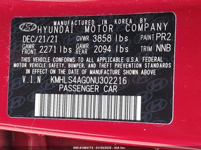 KMHLS4AG0NU302216 Hyundai ELANTRA SEL