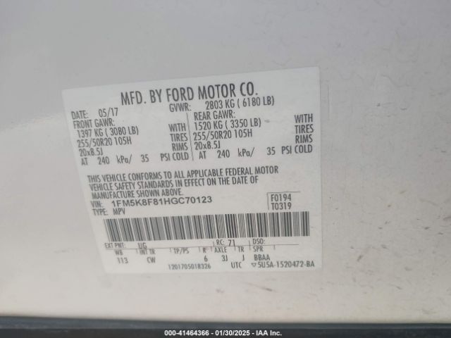 1FM5K8F81HGC70123 Ford Explorer Limited