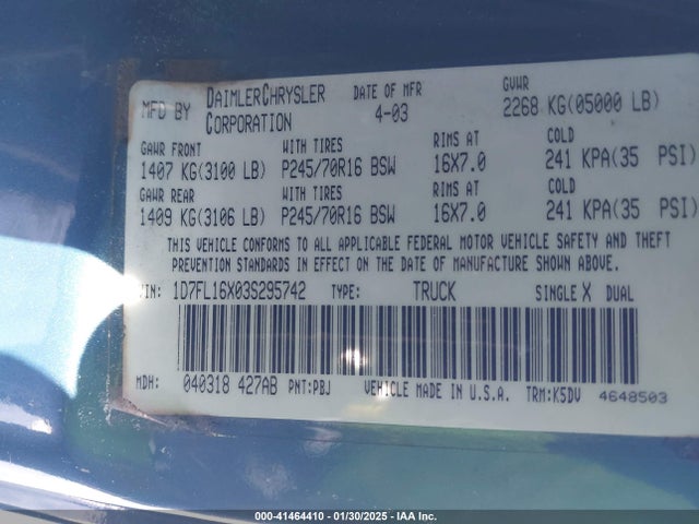 41464410 :رقم المزاد ، 1D7FL16X03S295742 vin ، 2003 Dodge Dakota مزاد بيع