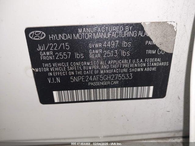 5NPE24AF5GH275533 Hyundai SONATA SE