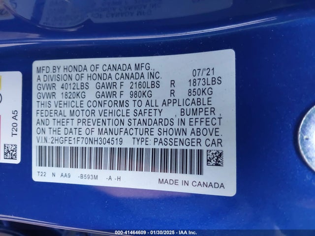 2HGFE1F70NH304519 Honda CIVIC EX