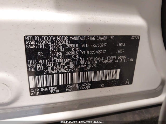 2T3MWRFV8RW231258 Toyota a25a-fxs