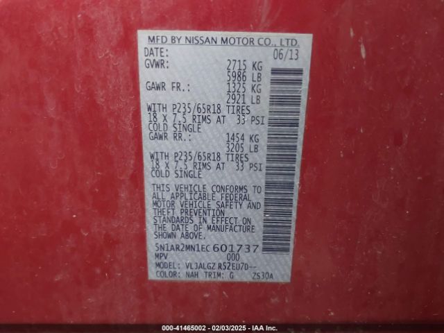5N1AR2MN1EC601737 Nissan Pathfinder Sl