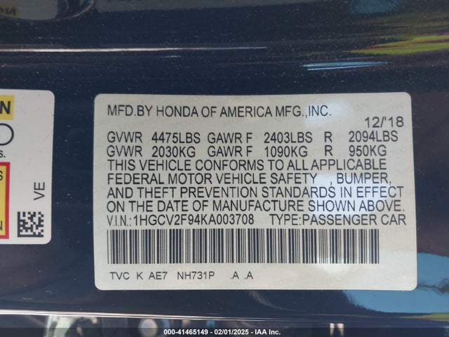 Aukcja sprzedaży 2019 Honda Accord Touring 2.0t, vin: 1HGCV2F94KA003708, numer aukcji: 41465149