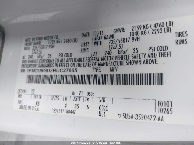 1FMCU9GD3HUC27665 Ford ESCAPE SE