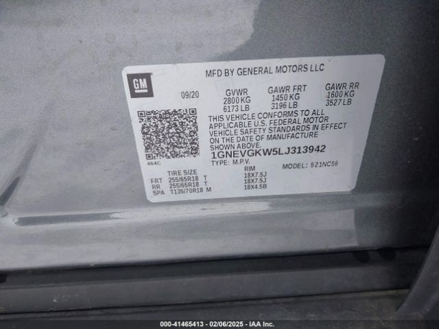 1GNEVGKW5LJ313942 Chevrolet Traverse Awd Lt Cloth