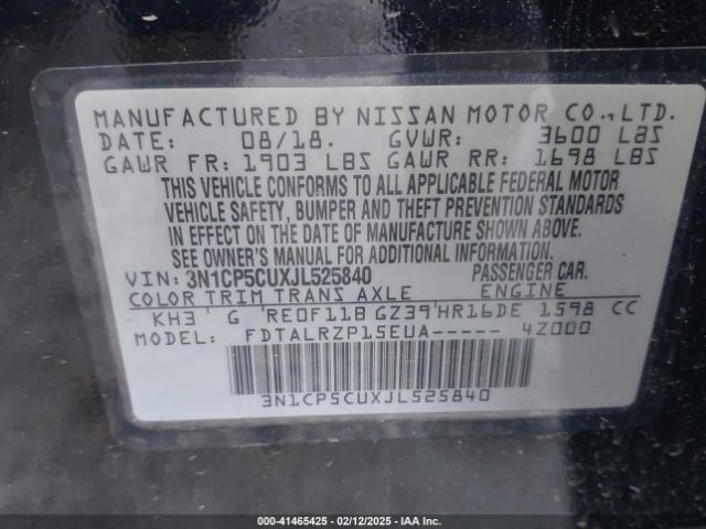 3N1CP5CUXJL525840 Nissan KICKS S