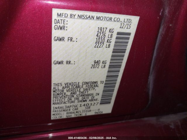 1N4AL3AP7GC140327 Nissan Altima 2.5 Sv