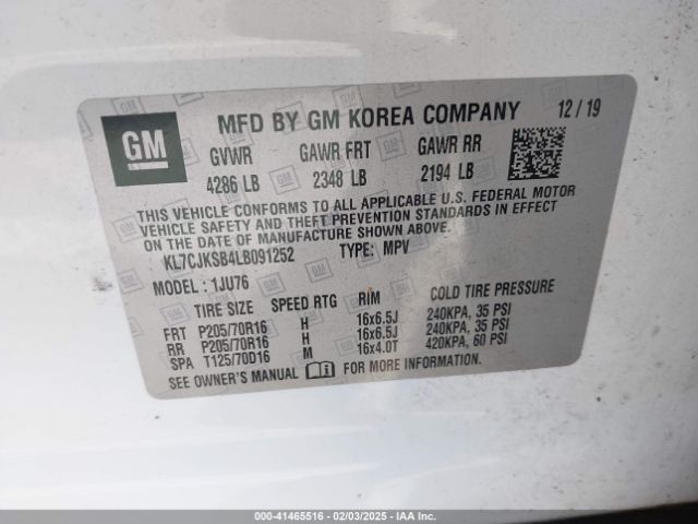 KL7CJKSB4LB091252 Chevrolet Trax Fwd Ls