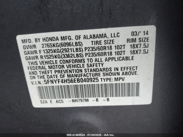 Honda Pilot Ex-l 2014 5FNYF4H56EB040925 Image 9