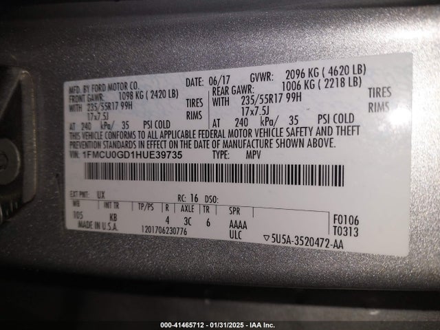 1FMCU0GD1HUE39735 Ford ESCAPE SE