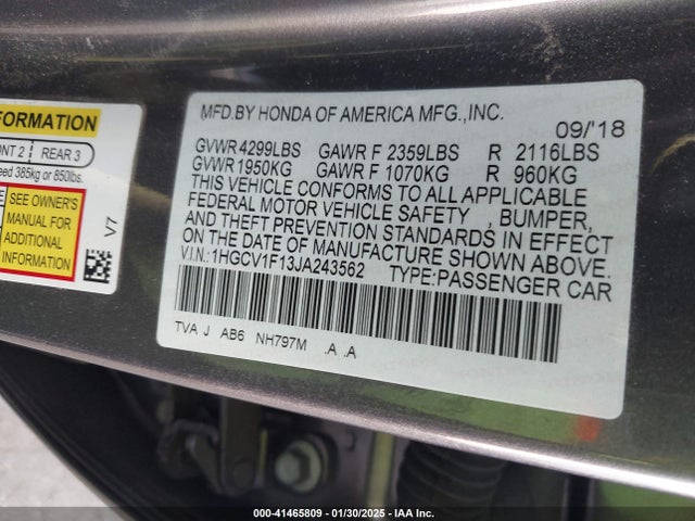 Honda ACCORD LX 2018 1HGCV1F13JA243562 Image 9