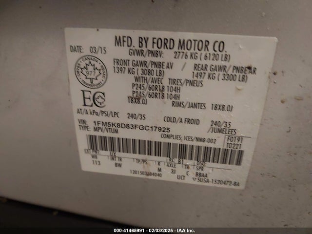 Ford EXPLORER XLT 2015 1FM5K8D83FGC17925 Image 9