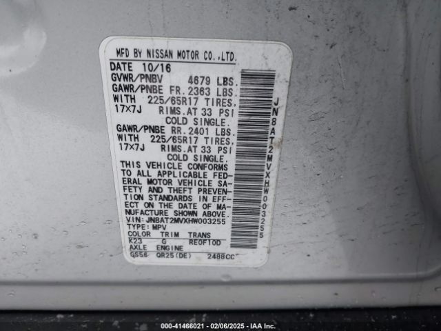 JN8AT2MVXHW003255 Nissan ROGUE SV