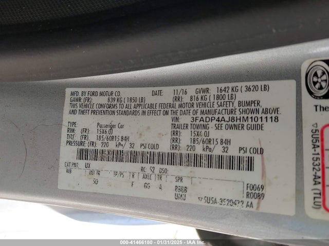 Продажа на аукционе авто 2017 Ford Fiesta S, vin: 3FADP4AJ8HM101118, номер лота: 41466180
