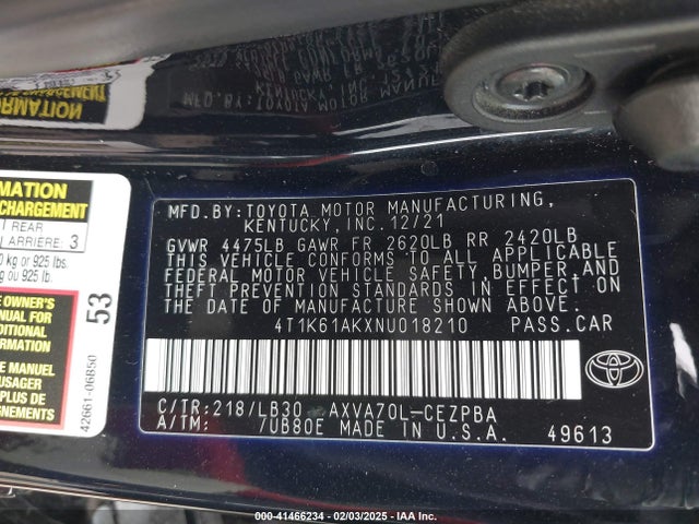 4T1K61AKXNU018210 Toyota CAMRY XSE