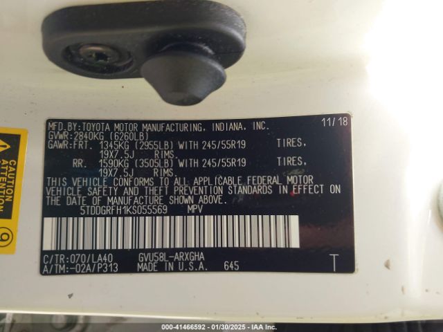 5TDDGRFH1KS055569 Toyota Highlander Hybrid Limited Platinum