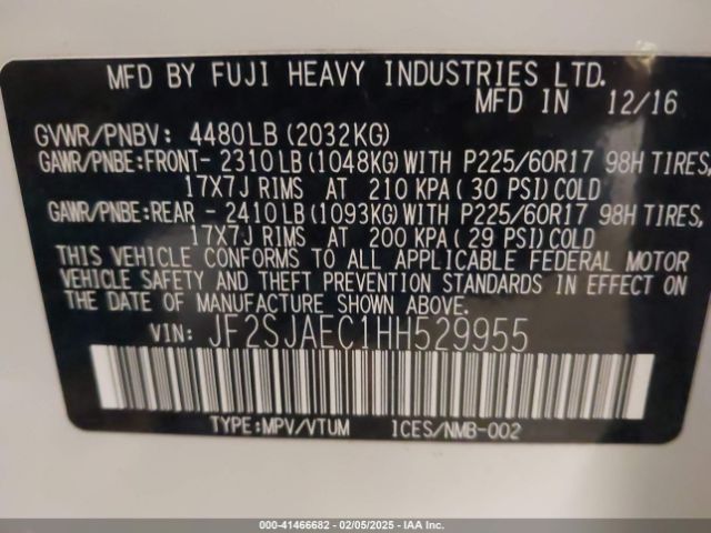 JF2SJAEC1HH529955 Subaru Forester 2.5i Premium