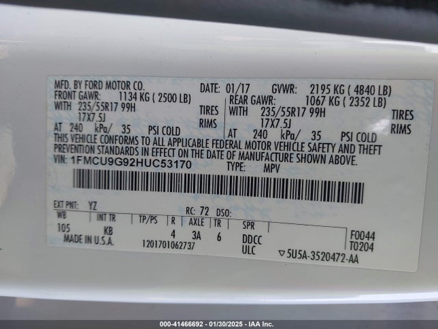 1FMCU9G92HUC53170 Ford ESCAPE SE