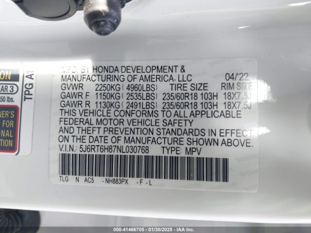 5J6RT6H87NL030768 Honda Cr-v Hybrid Ex-l