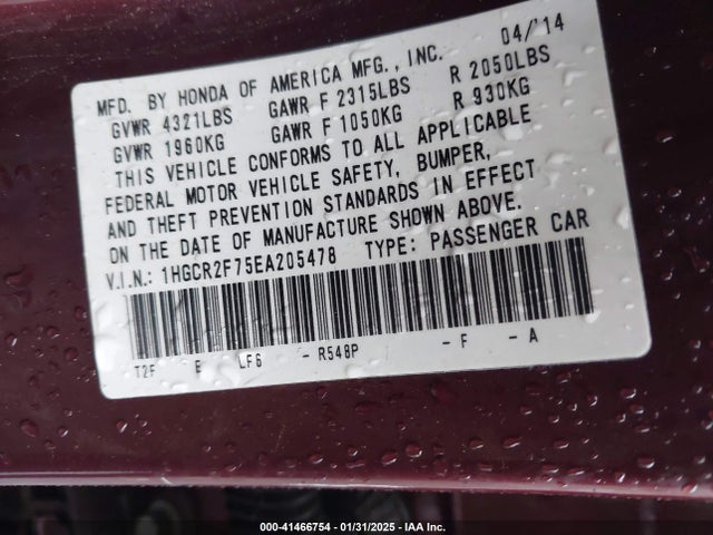 Honda ACCORD EX 2014 1HGCR2F75EA205478 Image 9