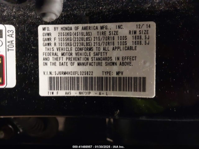Honda CR-V LX 2015 5J6RM4H3XFL025622 Image 9
