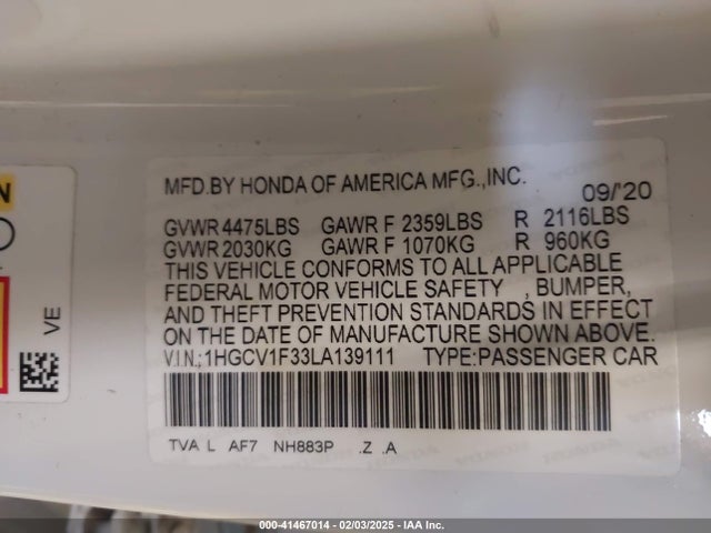 1HGCV1F33LA139111 Honda Accord Sport