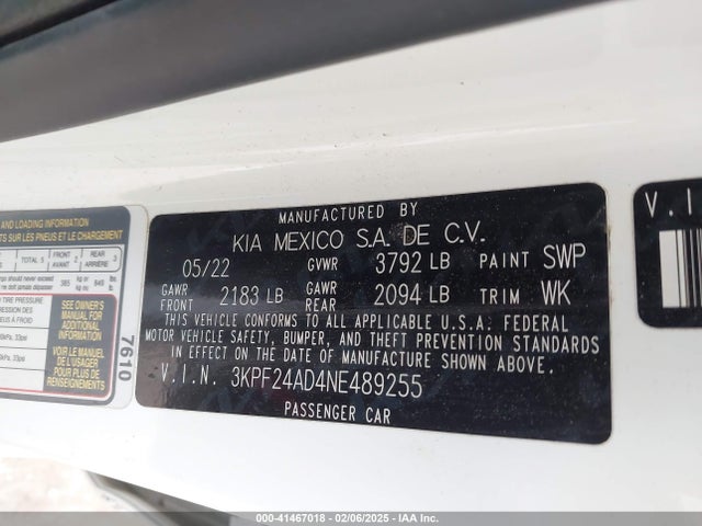 3KPF24AD4NE489255 KIA Forte Lxs