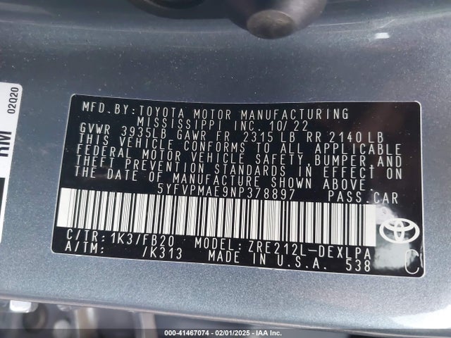 Toyota COROLLA LE 2022 5YFVPMAE9NP378897 Image 9