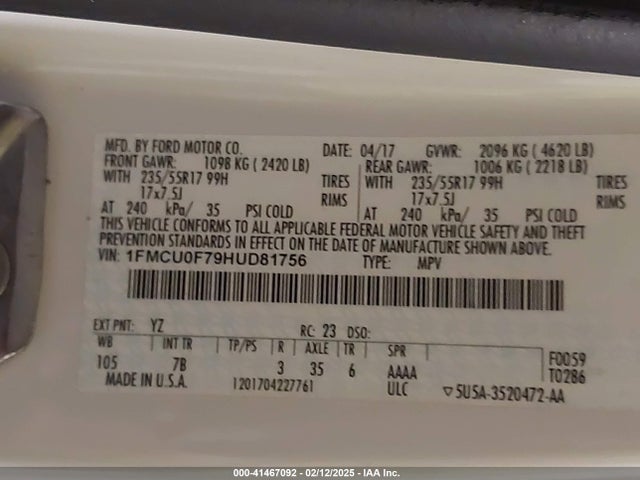 1FMCU0F79HUD81756 Ford ESCAPE S