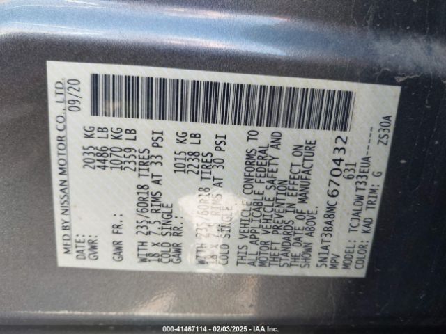 5N1AT3BA8MC670432 Nissan Rogue Sv Fwd