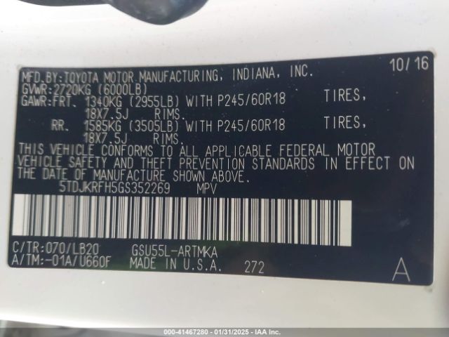 5TDJKRFH5GS352269 Toyota Highlander Xle V6