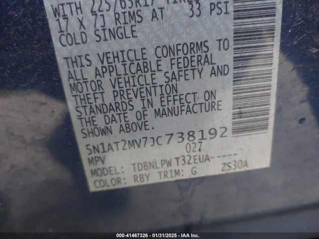 5N1AT2MV7JC738192 Nissan ROGUE S