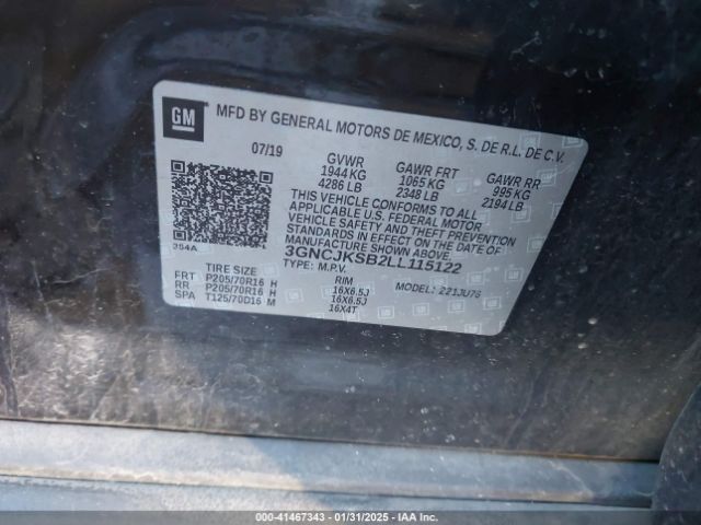 3GNCJKSB2LL115122 Chevrolet Trax Fwd Ls