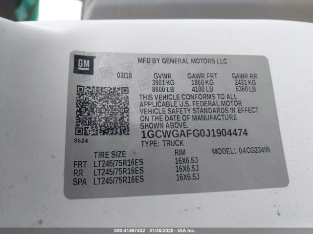 1GCWGAFG0J1904474 Chevrolet Express 2500 Work Van
