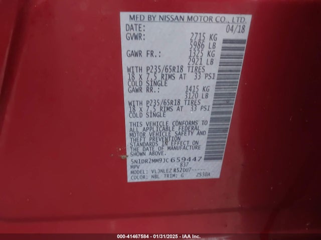 5N1DR2MM9JC659447 Nissan Pathfinder Sv