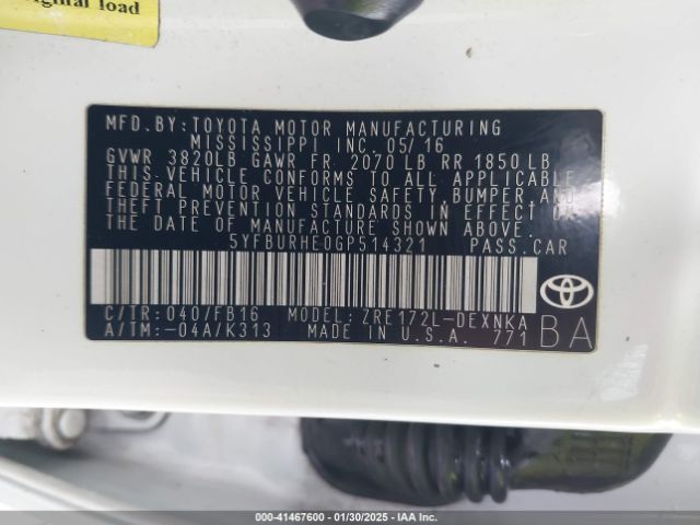 5YFBURHE0GP514321 Toyota COROLLA LE