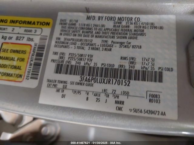 3FA6P0LUXJR170152 Ford Fusion Hybrid Se