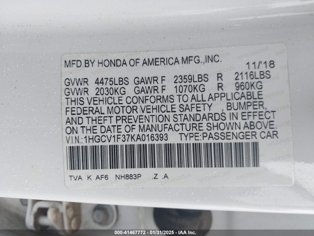 1HGCV1F37KA016393 Honda Accord Sport