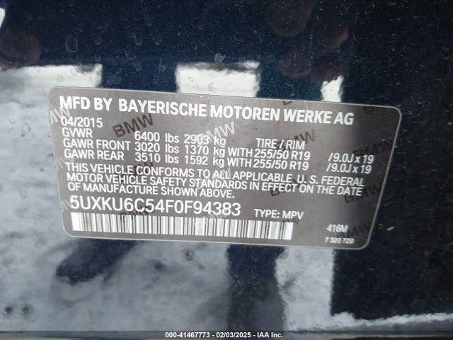 41467773 :رقم المزاد ، 5UXKU6C54F0F94383 vin ، 2015 Bmw X6 Xdrive50i مزاد بيع