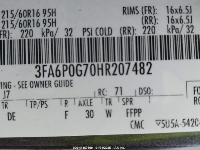 3FA6P0G70HR207482 Ford FUSION S