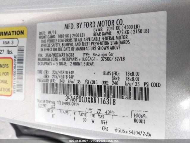 3FA6P0CDXKR116318 Ford FUSION SEL