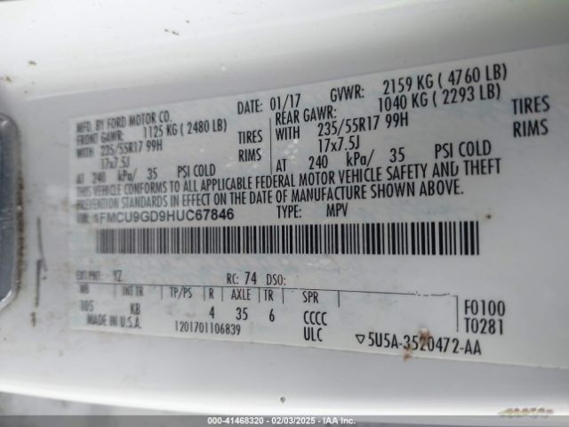 1FMCU9GD9HUC67846 Ford ESCAPE SE