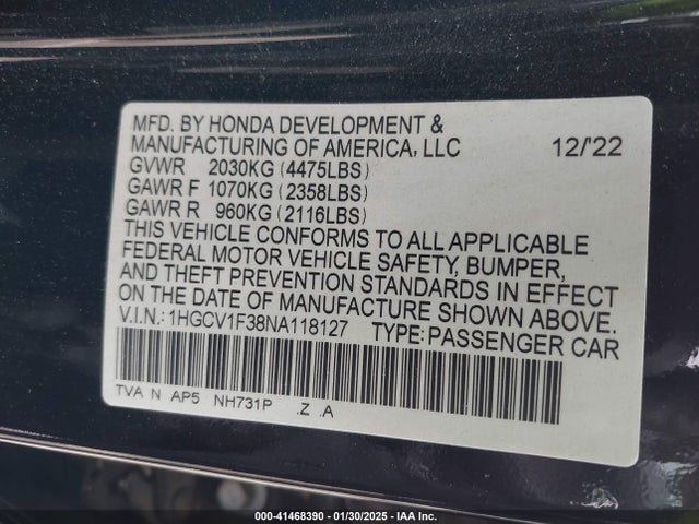 1HGCV1F38NA118127 Honda Accord Sport